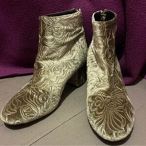 Tan Suede Ankle Booties with Paisley Design
